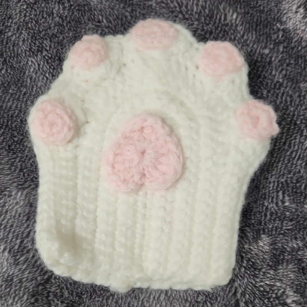 Cute Cat Paw Knit Fingerless Gloves for Teen - White & Pink